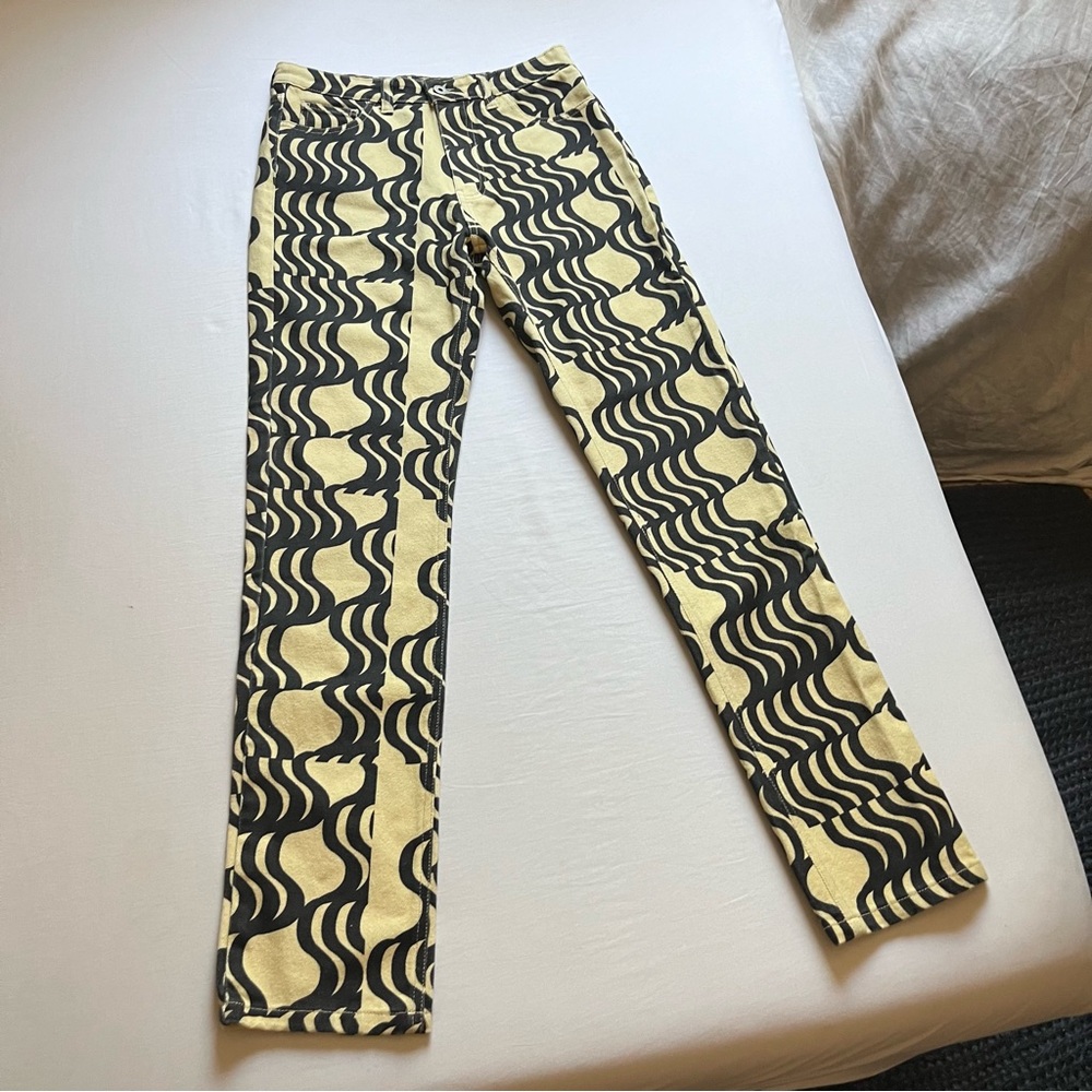 NWT MANDINGA‎ cream yellow black swirl squiggle print denim slim straight jeans